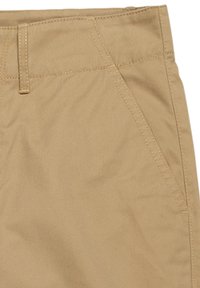 Bermuda khaki con una texture liscia, caratterizzate da tasche frontali, passanti per cintura e cuciture in vista. Design semplice senza motivi.