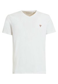 T-shirt bianco in cotone con scollatura a V e maniche corte. Presenta un piccolo logo a forma di triangolo rosso sul petto sinistro. Design semplice e senza fronzoli.