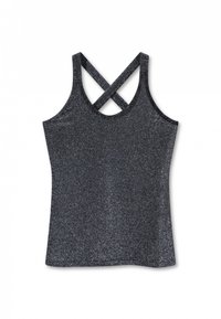 Zwarte glittertanktop met een aansluitend design en kruisende bandjes aan de achterkant. Glad textuur met een glanzende afwerking.