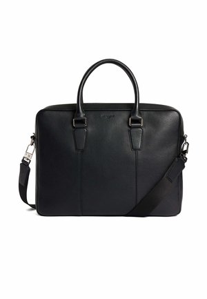 Malette en cuir noir avec une finition texturée, double anses supérieures, bandoulière amovible et design minimaliste. Accents en métal argenté.