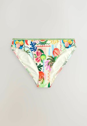 Bikini gaćice s uzorkom koji prikazuje tropsko voće i lišće u živopisnim bojama na svijetloj pozadini, s zelenim kockastim rubom.