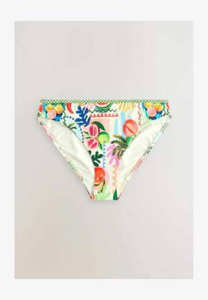 Bikini hlačke s potiskom tropskega sadja in listov v živahnih barvah na svetli podlagi, z zelenim šahovskim robom.