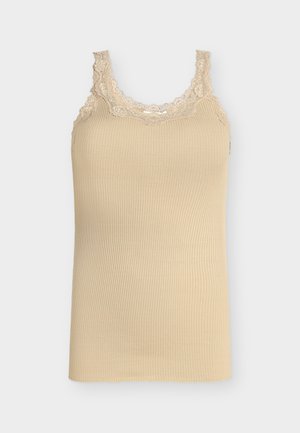 Beige geribd hemdje met kanten biezen rond de halslijn en bandjes, mouwloos, aansluitende pasvorm.