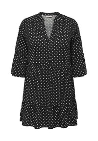 Schwarzes Kleid mit weißen Pünktchen, V-Ausschnitt, Dreiviertelärmel, gestufter Rüschensaum, aus leichtem Stoff gefertigt.