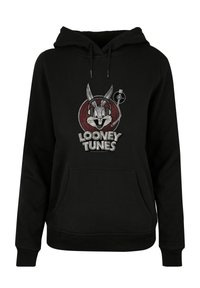 Hanorac negru cu grafică Bugsy Bunny purtând căști și un design țintă. Buzunar frontal tip kangaroo și glugă cu șnur ajustabil.