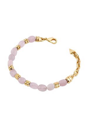 Bracelet chaîne en or avec des perles ovales roses lisses alternées et des entretoises en or, doté d'une fermeture à fermoir mousqueton en or.