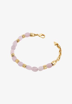 Goldkettchenarmband mit abwechselnd glatten rosa ovalen Perlen und goldenen Abstandshaltern, ausgestattet mit einem goldenen Karabinerverschluss.