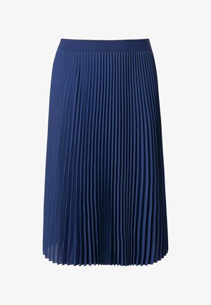 Marineblauwe geplooide midirok met een brede tailleband, voorzien van gelijkmatig verdeelde verticale plooien en een licht uitlopende silhouet.