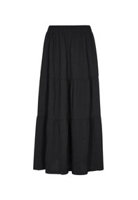 Zwarte tiered maxi rok met een elastische tailleband, gemaakt van lichtgewicht stof met een subtiele textuur.