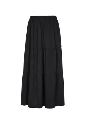 Gonna maxi nera a strati con vita elasticizzata, realizzata in tessuto leggero con un delicato motivo testurizzato.