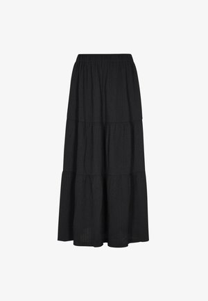Schwarzer, gestufter Maxirock mit elastischem Bund, aus leichtem Stoff mit einem dezenten strukturierten Muster.