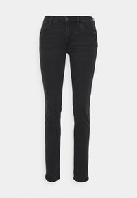Jeans skinny negros con una textura suave, diseño de cinco bolsillos y cierre de botón en la parte frontal. Cuenta con un ajuste clásico y aberturas de pierna ajustadas.