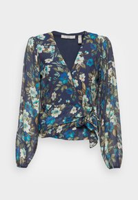 Haut portefeuille fleuri bleu marine à manches longues. Présente des fleurs bleues et blanches, un col en V profond, et un détail de taille nouée. Confectionné en tissu léger.