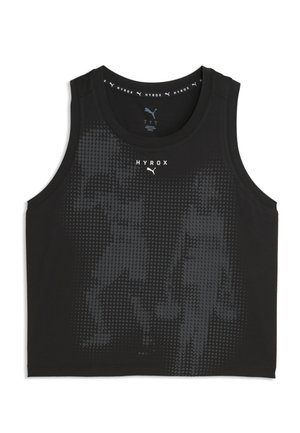 Czarny sportowy top bez rękawów z logo HYROX i Puma, z wzorem w kropki przedstawiającym dwie osoby biegnące z hantlami.