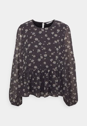 Blusa floreale scura in tessuto trasparente, con scollo rotondo, maniche lunghe e vita arricciata con piccoli fiori bianchi e gialli.