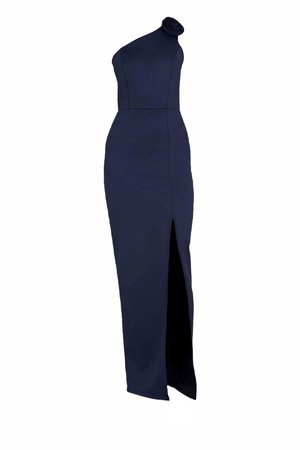 Navy blue, one-shoulder dress with a rose detail, fitted silhouette, long length, and a high slit along the left side.