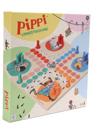 Houten Pippi Langkous bordspel met kleurrijke speelstukken, geïllustreerde personages, dobbelstenen en een aap aan een touw.