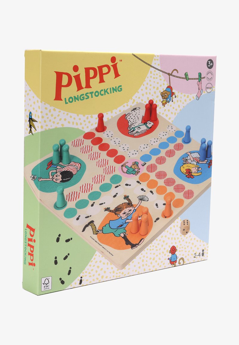 Drewniana gra planszowa z Pippi Pończoszanką z kolorowymi pionkami, ilustrowanymi postaciami, kostką i małpką na linie.