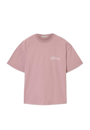 Dulkiai rožinė trumpomis rankovėmis medvilninė marškinėliai su apvalia iškirpte ir mažu baltu „AllSaints“ logotipu kairėje krūtinės pusėje.