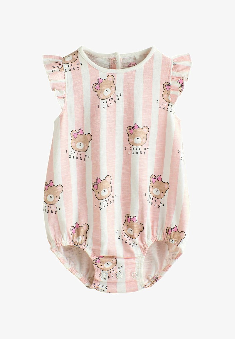 Baby-Strampler mit rosa-weißen Streifen, Bärengesichtern mit rosa Schleifen und "I love my Daddy" Text, mit Rüschenärmeln und Druckknöpfen.