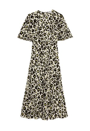 Abito con stampa leopardata e maniche corte a sbuffo, caratterizzato da uno sfondo crema, macchie nere e gialle, e una gonna svasata.