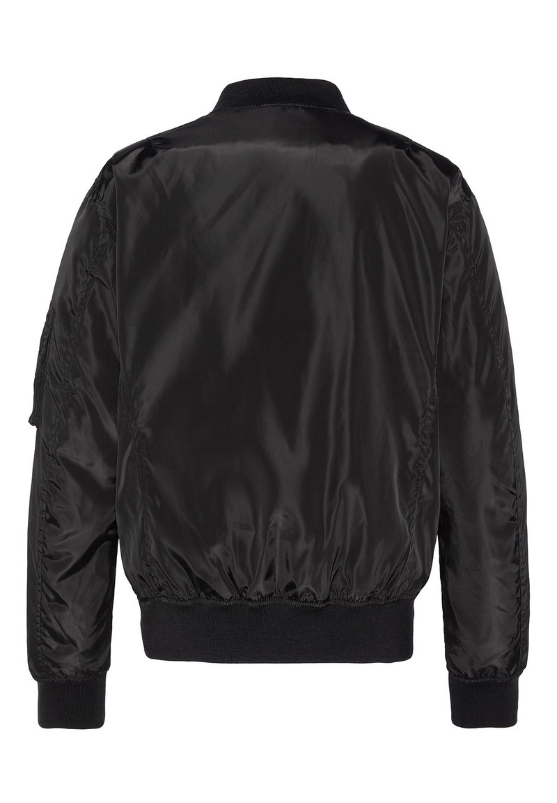 Schwarze Bomberjacke aus glänzendem, glattem Nylon, mit gerippten Bündchen und Saum, in lässigem Schnitt und ohne sichtbare Taschen.