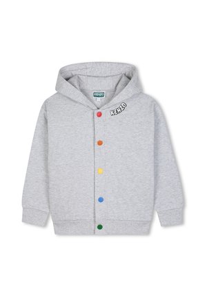 Sweat à capuche gris clair avec boutons multicolores et logo "KENZO" sur la partie supérieure gauche de la poitrine.