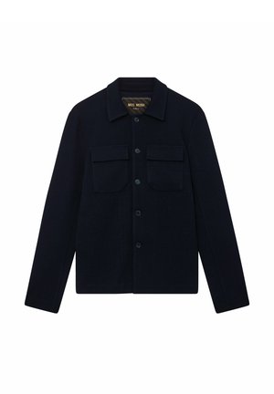 Marineblaue Jacke mit Knopfleiste aus strukturiertem Stoff, ausgestattet mit einem Kragen, zwei Brusttaschen und einer Vorderknopfleiste.