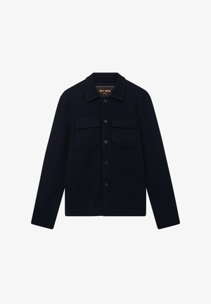 Marineblaue Jacke mit Knopfleiste aus strukturiertem Stoff, ausgestattet mit einem Kragen, zwei Brusttaschen und einer Vorderknopfleiste.