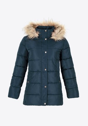 Padded kurtka w ciemnym odcieniu teal z kapturem wykończonym sztucznym futrem, z zatrzaskami i poziomym pikowaniem; posiada kieszenie boczne i długie rękawy.