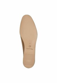 Semelle de chaussure beige clair avec une texture lisse, présentant un motif légèrement en relief et une marque. Taille 37 et comprend un design confortable.