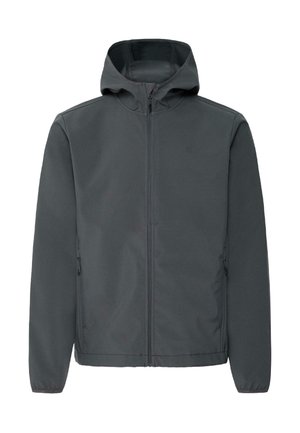 Tumehall kapuutsiga jakk ees tõmblukuga, kahe külje tõmblukuga tasku ja pikkade varrukatega, valgel taustal.