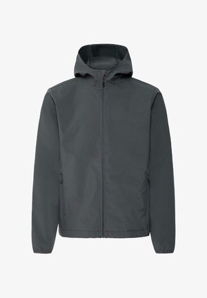 Σκούρο γκρι μπουφάν με κουκούλα και φερμουάρ στο μπροστινό μέρος, δύο πλαϊνές τσέπες με φερμουάρ και μακριά μανίκια, εμφανιζόμενο σε λευκό φόντο.