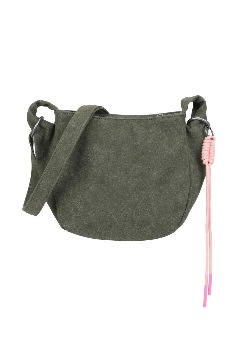 Borsa a tracolla verde in suede con forma arrotondata, una sola tracolla e un dettaglio con coulisse rosa. Caratterizzata da hardware in tono argento.