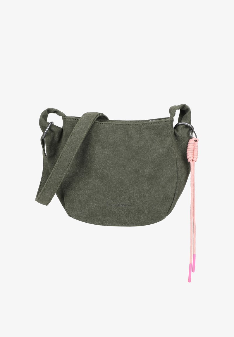Borsa a tracolla verde in suede con forma arrotondata, una sola tracolla e un dettaglio con coulisse rosa. Caratterizzata da hardware in tono argento.