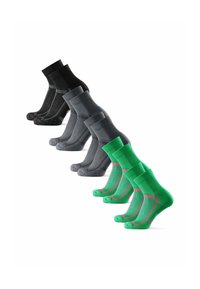 Cuatro pares de calcetines de tripulación: negro, gris oscuro, gris claro y verde brillante. Cada par cuenta con puños acanalados y secciones de puntas reforzadas.