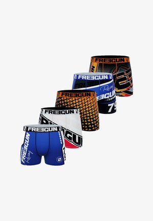 Cinq paires de boxers pour hommes, dans des couleurs variées : bleu, noir, orange, blanc et un motif géométrique. Ceinture élastique avec le logo "FREEGUN".