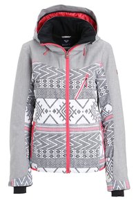 Veste d'hiver grise et blanche à motif avec une fermeture éclair rose et des accents, capuche attachée doublée en rouge et poignets intérieurs noirs.