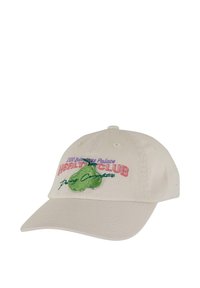 Beige színű pamut sapka ívelt karimával, színes hímzett szöveggel és zöld körte grafikával az elején. A szöveg tartalmazza: "Egészségklub".