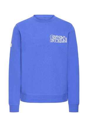 Sweat-shirt bleu à col rond avec manches longues et texte blanc stylisé « Copen Records Band » sur la partie supérieure gauche de la poitrine.