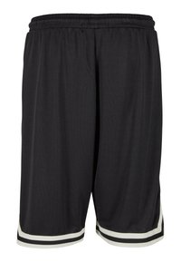 Black athletic shorts made of lightweight fabric, featuring a breathable texture, an elastic waistband, and white striped accents at the hem.