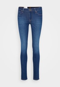 Smal jeans i mörkblå denim, med fem fickor, en knapp- och dragkedja, samt kontrasterande sömmar längs sömmarna.
