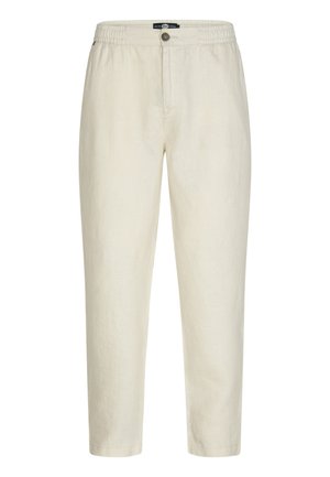 Pantalones de lino color beige claro con cintura elástica, cierre de botón, forma ajustada y textura suave. No hay bolsillos visibles.