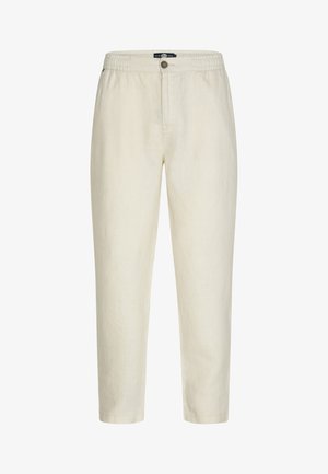 Helle beigefarbene Leinenhose mit elastischem Bund, Knopfverschluss, taillierter Form und glatter Textur. Keine sichtbaren Taschen.