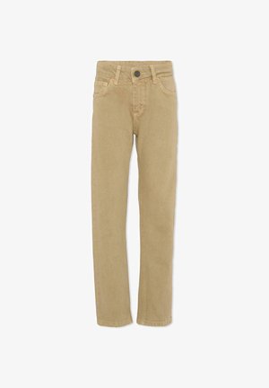 Jasno beżowe bawełniane spodnie o prostym kroju, z pięcioma kieszeniami oraz klasycznym zapięciem na guzik i zamek błyskawiczny z przodu.