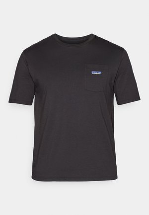 Black short-sleeve t-shirt made of cotton, featuring a chest pocket with a blue Patagonia logo on the left side.