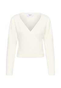 Weiße, langärmlige Wickeljacke mit V-Ausschnitt. Hergestellt aus einem texturierten, weichen Material. Keine sichtbaren Metallteile oder Muster.