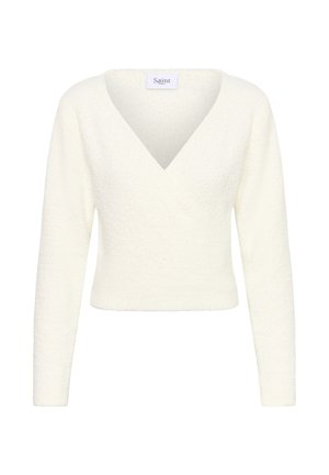 Bela dolgimi rokavi ovita jopica z V-izrezom. Narejena iz teksturirane, mehke tkanine. Brez vidnih kovinskih delov ali vzorcev.