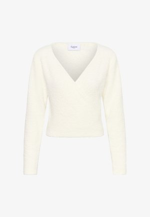 Cardigan long à manches blanches avec un décolleté en V. Fabriqué à partir d'un matériau texturé et doux. Aucune quincaillerie ni motifs visibles.