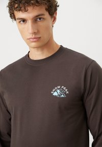 Brown long-sleeve shirt made of soft fabric featuring a light blue "Snow Peak" logo with mountain graphics on the left chest area.